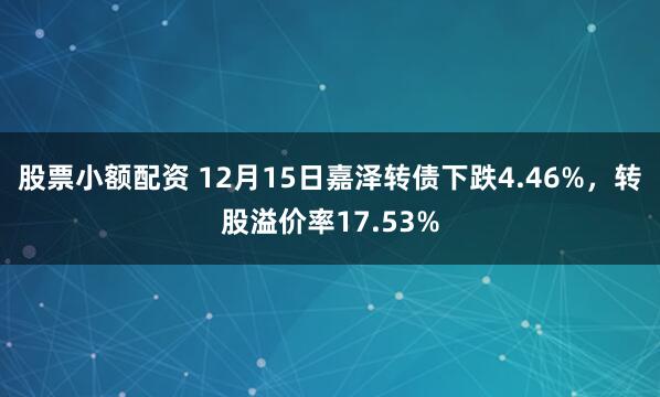 股票小额配资 12月15日嘉泽转债下跌4.46%，转股溢价率17.53%